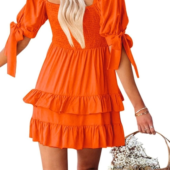 Smocked Mini Dress Square Neck Puff Sleeve Bow Tie Babydoll Dress Layered - Picture 3 of 6